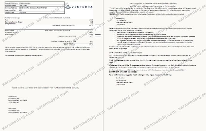 USA Venterra utility bill template in Word and PDF formats, 2 pages